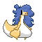 Animated pixel art of a small yellow dragon, with a white underbelly and long blue hair, waving it's arm every couple of seconds.