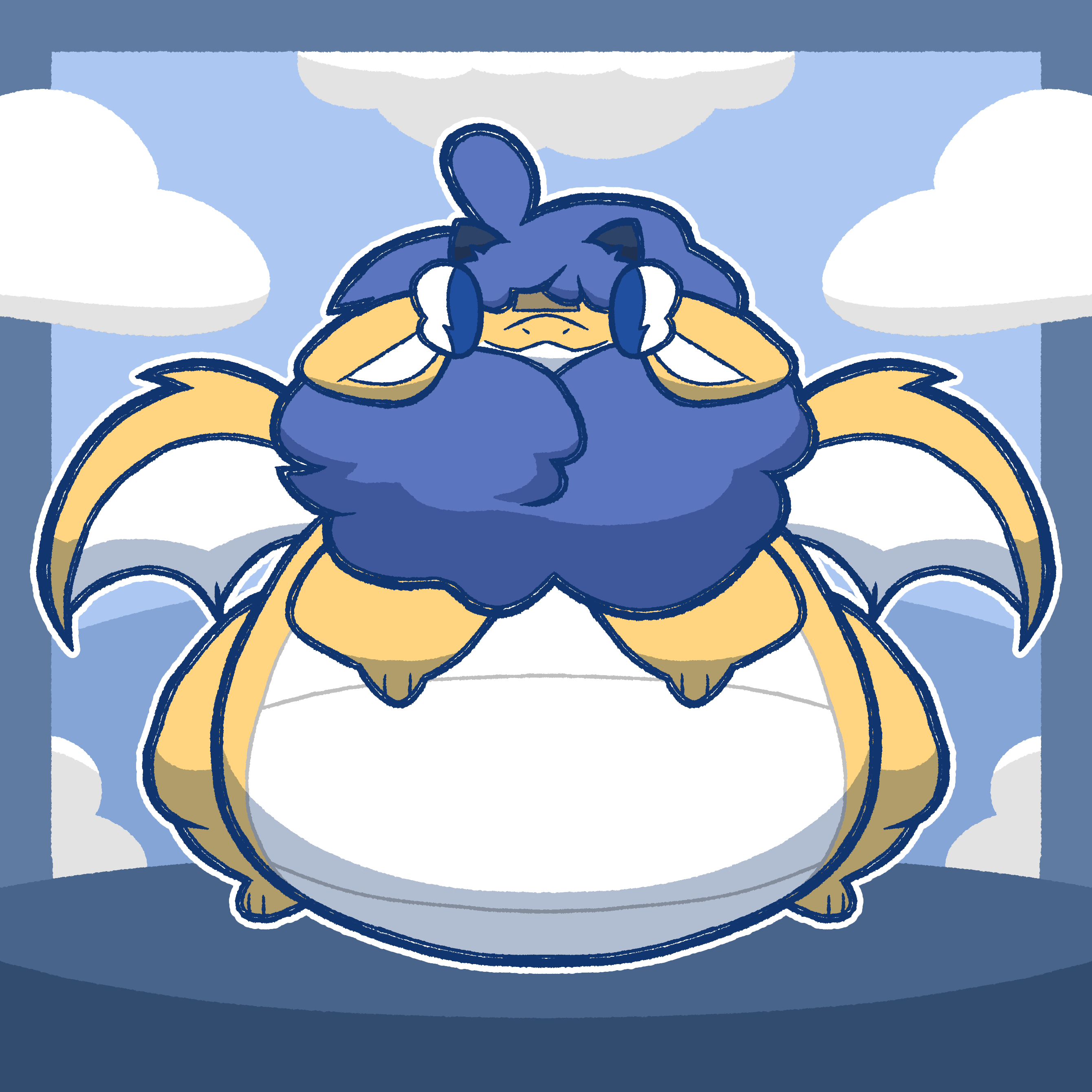 Drawing of a chubby dragon with a fluffy, soft blue mane; white underbelly; heart shaped eyes; floppy, long ears; and stubby little horns, standing in their back legs.
